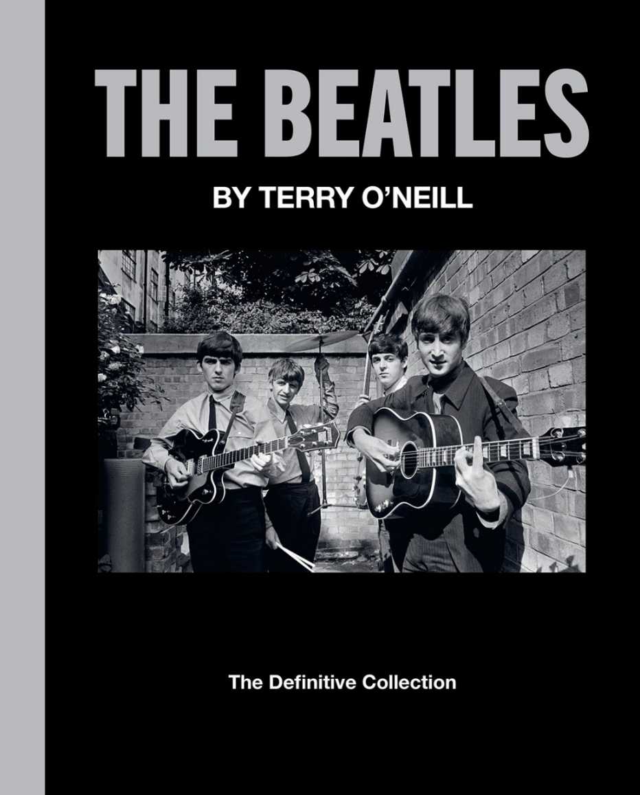 The Beatles in a group photo with their instruments on the book cover for The Beatles by Terry O'Neill: The Definitive Collection
