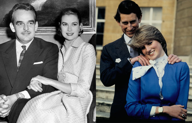 Left: Prince Rainier and Grace Kelly, 1956. Right: Lady Diana and Prince Charles, 1981.