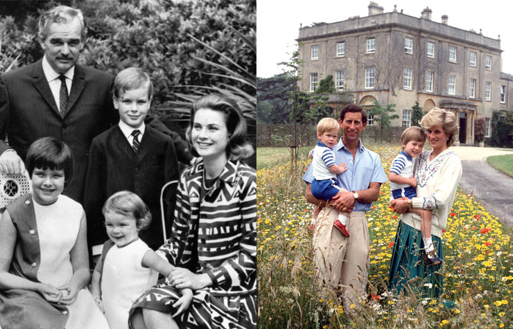 Left: Portrait of the Monegasque royal family, 1967. Right: Princess Diana and Prince Charles with sons William and Harry, 1986.