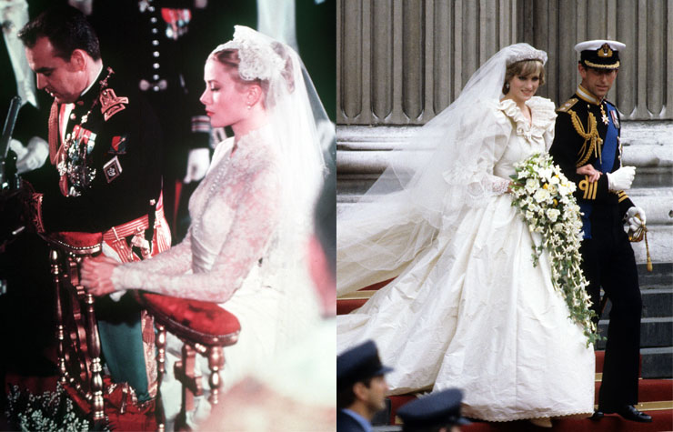 Left: Prince Rainier III and Princess Grace on their wedding day, 1956. Right: Princess Diana and Prince Charles' royal wedding in 1981.