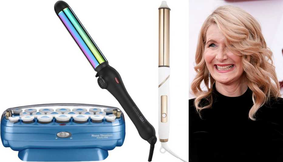 (Left to right) BaBylissPRO Nano Titanium 20 Roller Hairsetter; InfinitiPRO by Conair Rainbow Titanium Curling Wand 1.25”; Kristin Ess Soft Wave Pivoting Wand Curling Iron, 1 1/4’’; Laura Dern