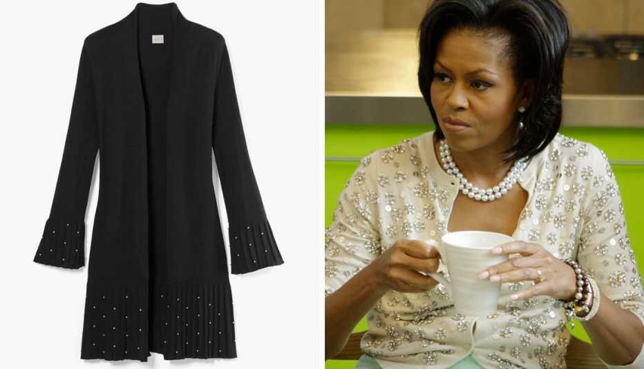 Chico's Pleated Faux Pearl Cardigan, left, and former first lady, Michelle Obama wearing a sparkly embellished, cardigan, right.