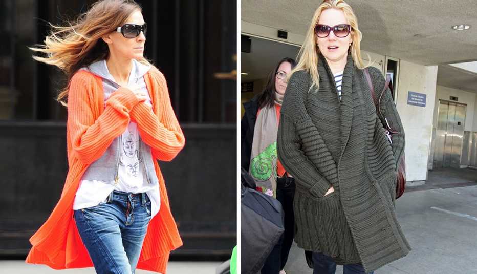 Sarah Jessica Parker, left, and Laura Linney, right, both sport oversize cocoon cardigans