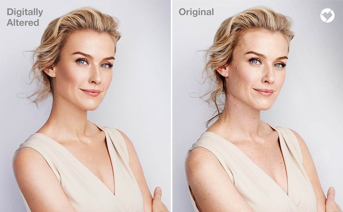 two images of the same woman, untouched up on the left and digitally altered on the right