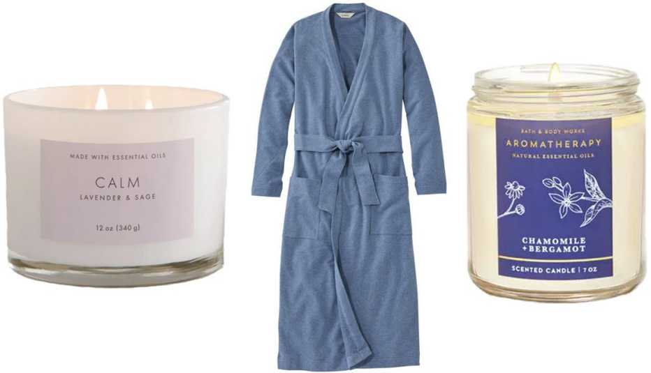 Project 62 Calm Lavender & Sage Wellness Candle; L.L. Bean Women’s Ultrasoft Sweatshirt Robe, Wrap in Charcoal Blue Heather; Bath & Body Works Aromatherapy Chamomile Bergamot Candle