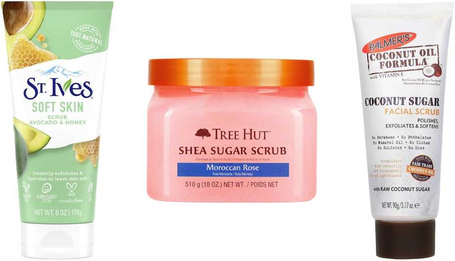 St. Ives Soft Skin Face Scrub Avocado & Honey; Tree Hut Shea Shea Sugar Scrub in Moroccan Rose; Palmer’s Coconut Sugar Facial Scrub