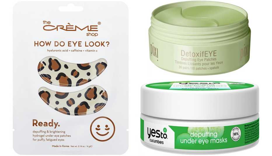 The Creme Shop How Do Eye Look? Depuffing & Brightening Eye Mask; Pixi DetoxifEYE; Yes to Cucumbers Depuffing Under Eye Masks