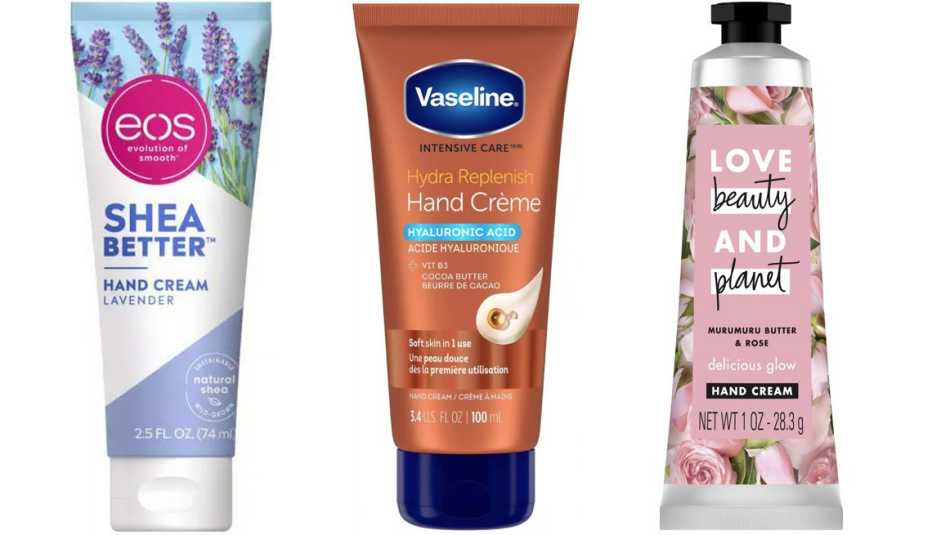 eos Shea Better Hand Cream - Lavender; Vaseline Intensive Care Hydra Replenish Hand Creme with Hyaluronic Acid; Love Beauty and Planet Murumuru Butter and Rose Hand Cream Delicious Glow