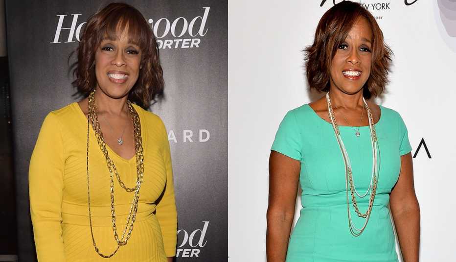 Gayle King in a yellow dress, and an aqua dress