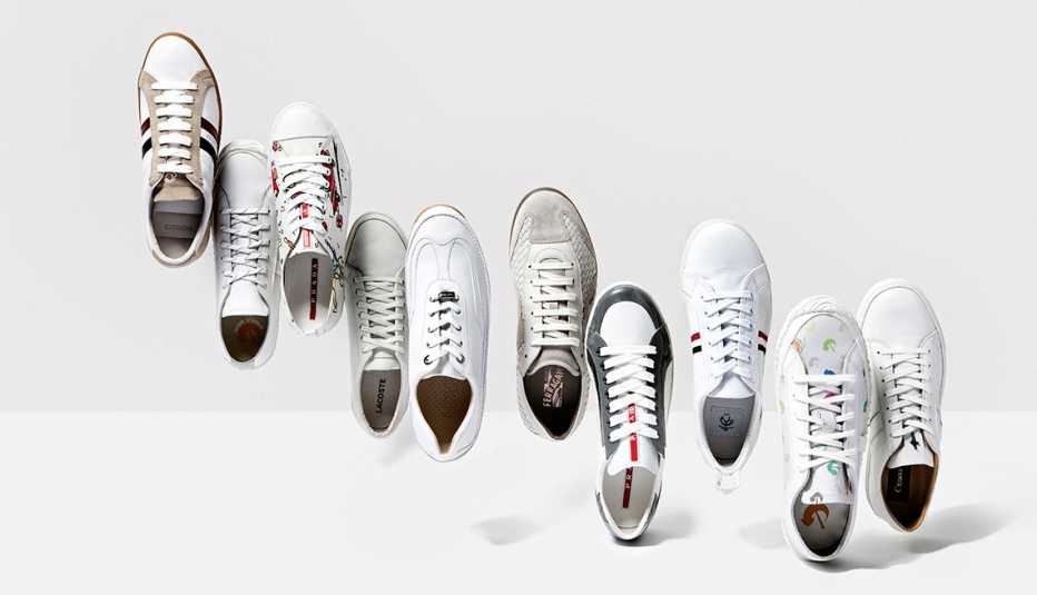 A collection of stylish white sneakers for casual male style
