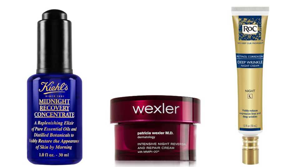Three product images, Kiehl's Midnight Recovery Concentrate; Wexler Intensive Night Reversal and Repair Cream, ROC Retinol Correxion Deep Wrinkle Night Cream