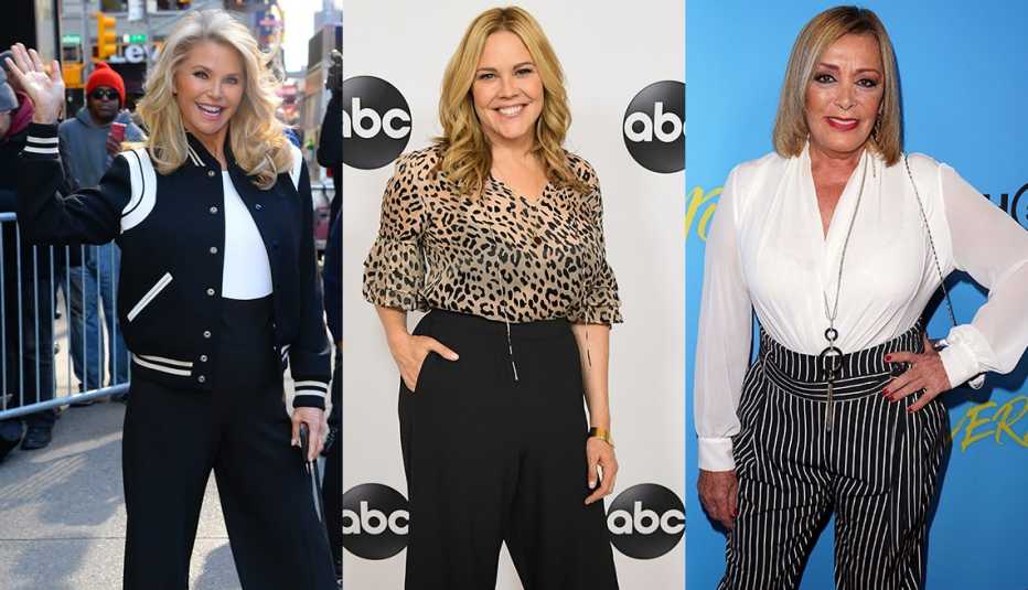 Christie Brinkley in navy high waist pants, Mary McCormack in leopard blouse, Sylvia Pasquel in black and white striped high waist pants