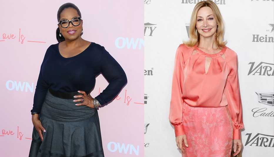 Oprah Winfrey in navy fitted V neck top, Sharon Lawrence in pink blouse