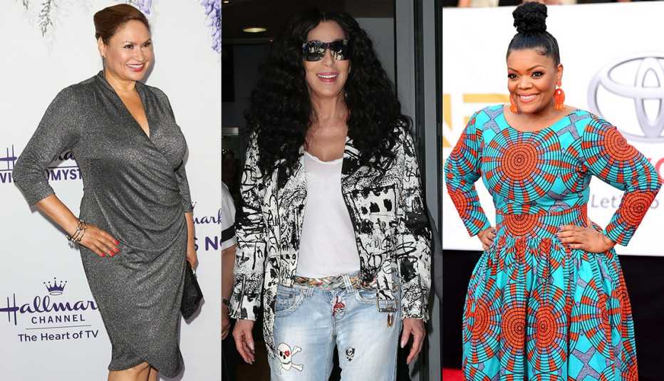 Shirley Bovshow in gray shirred dress, Cher in cropped biker jacket, Yvette Nicole Brown in turquoise and orange print fit