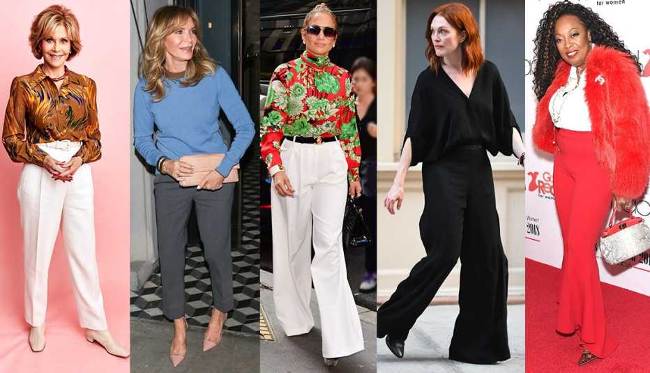 Jane Fonda, Jaclyn Smith, Jennifer Lopez, Julianne Moore and Star Jones wearing pants.