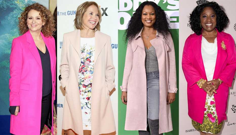 Nadia Sawalha in a dazzling pink notch collar bright single breasted topcoat, Katie Couric in light pink A-line coat, Garcelle Beauvais in light pink trench and La Tanya Richardson Jackson in tailored pink top coat.