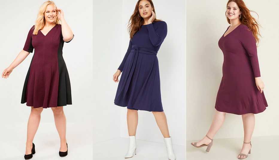 Lane Bryant Colorblock Textured Fit and Flare Dress,  Eloquii Long Sleeve Fit and Flare Dress, Old Navy Jersey V-Neck Plus-Size Fit and Flare Dress
