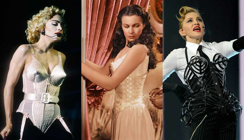 Madonna during her Blonde Ambition tour, Vivien Leigh in 'Gone with the Wind' and Madonna performing during her MDNA tour.