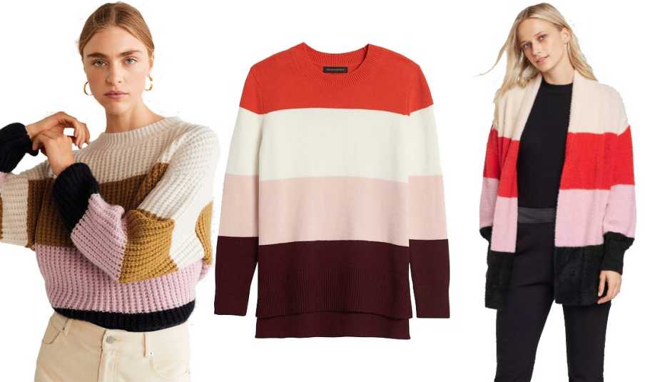 Mango Color Block Sweater, Super Soft Cotton Hi-Low Hem Sweater, Women's Striped Long Sleeve Fuzzy Cardigan - Who What Wear