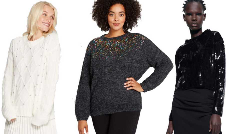 A New Day Long Sleeve Crewneck Embellished Pullover Sweater, Modcloth Ready for Confetti Sequin Sweater, Zara Sequin Chenille Sweater