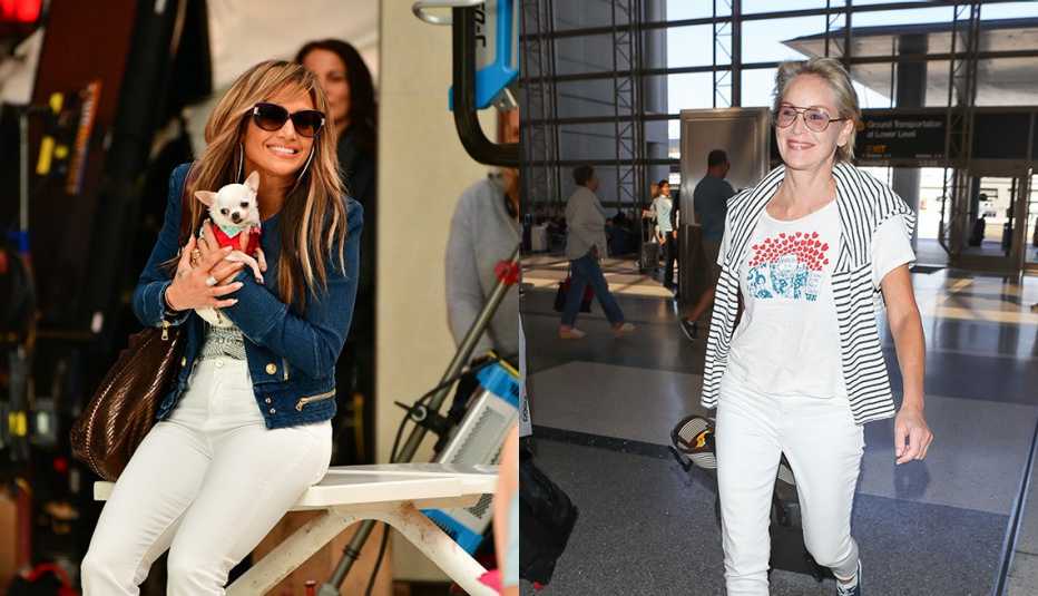 Jennifer Lopez in white jeans, denim cropped jacket, metallic hobo ; Sharon stone in white slim ankle jeans and emblem tee, blue sneakers, striped sweater over shoulders