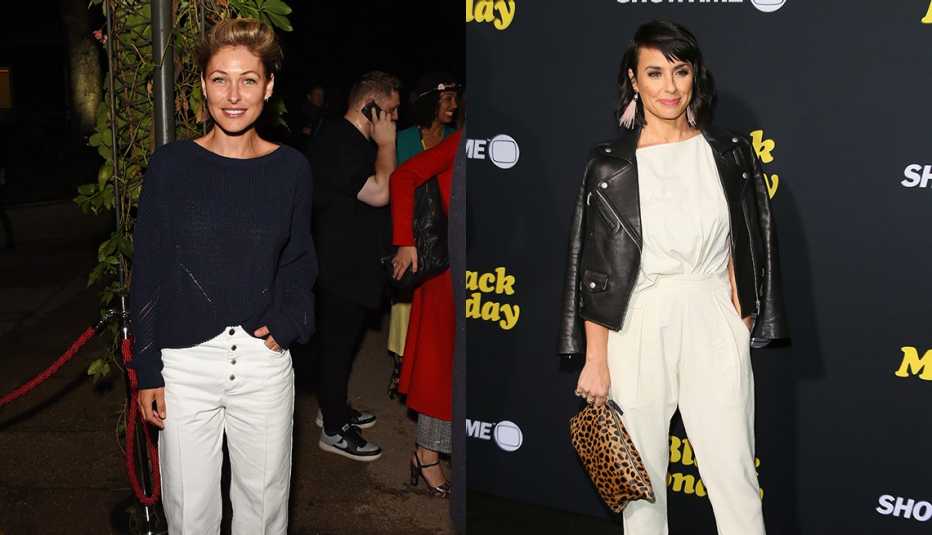 Emma Willis  in white loose cropped pants, half-tucked navy sweater, Constance Zimmer in relaxed white tailored ankle pants and white top, black leather biker, leopard bag 
