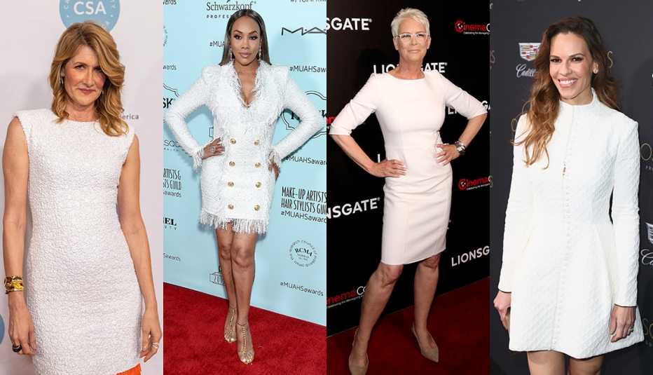 Laura Dern in white sleeveless textured sheath, Vivica A. Fox in a white tailored double breasted coat dress- above the knees, Jamie Lee Curtis in a white knee-length boatneck sheath, Hillary Swank in a white long sleeve fit and flare dress