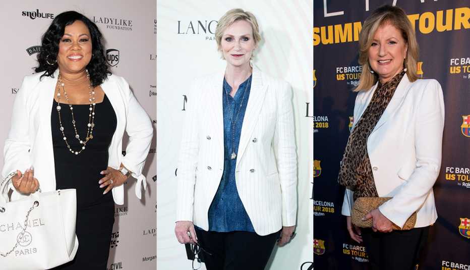 Lela Rochon adds a white blazer and bag to spark a black dress , Jane Lynch brightens up a blue blouse and black pants with a white blazer,  Arianna Huffington throws a white blazer over up a leopard blouse and black pants 