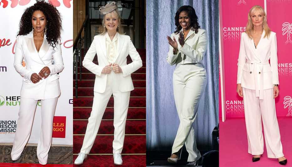 Angela Bassett, Twiggy, Michelle Obama and Joely Richardson in white pantsuits.