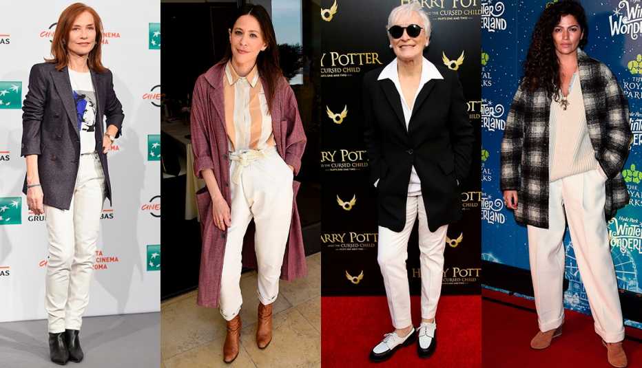Isabelle Huppert in white jeans and t-shirt with gray long blazer, Jackie Tohn in white pants, white and tan striped shirt, plum coat, Glenn Close in white base of ankle pants, shirt, Camila Alves McConaughey in white sweater and pants, plaid jacket