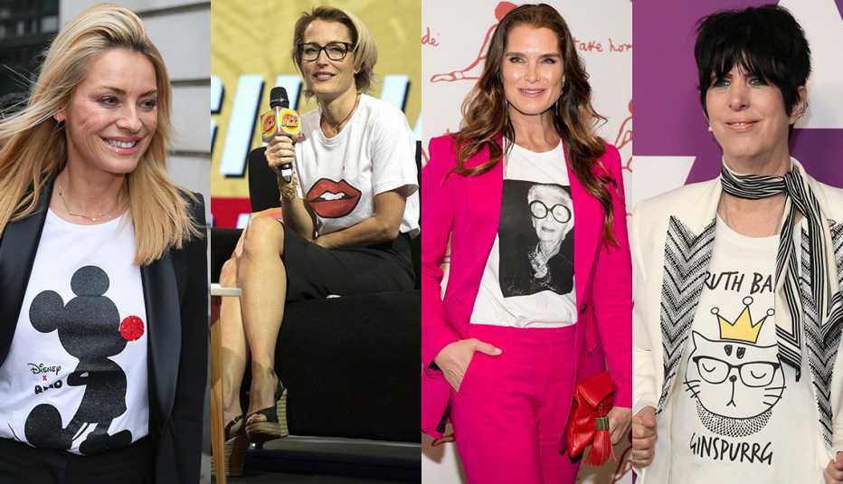 Tess Daly in white Mickey Mouse t-shirt under a black blazer, Gillian Anderson in white t-shirt with lips image, Brooke shields in white t-shirt with Iris Apfel image under a pink pantsuit, Diane Warren in white blazer over white logo t-shirt and black pa
