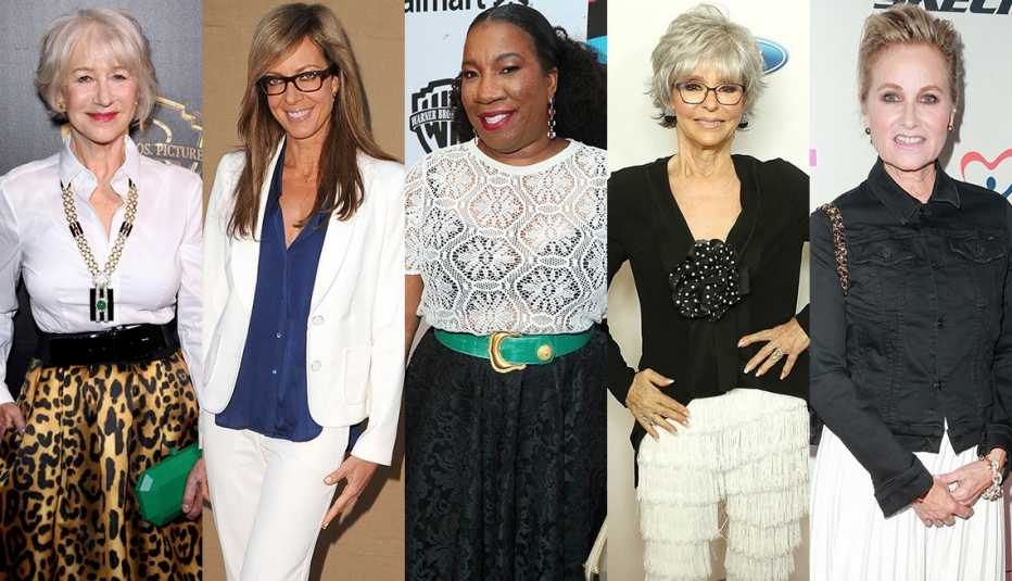 Helen Mirren in button down and leopard skirt; Allison Janney in pantsuit and blue silk untucked blouse; Tarana Burke in white crotchet top - note the black bra, Rita Moreno in black dress, Maureen McCormick in white pleated midi 