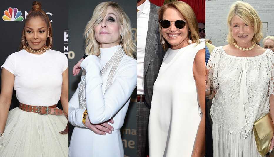 Janet Jackson in white t-shirt and tulle skirt, statement gold necklace and earrings, Judith Light in ropes of white pearls and a white turtleneck dress,  Katie Couric in white dress and pearl drops,  Martha Stewart in white eyelet top, white skirt