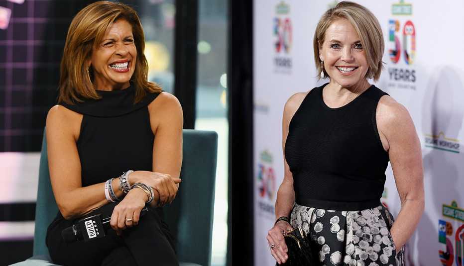 Hoda Kotb in a sleeveless black jumpsuit cut in at armholes; Katie Couric in a high-neck black tank with cut in straps and print midi skirt 