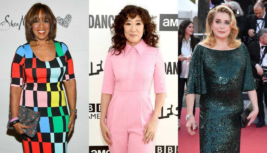 Gayle King in elbow sleeves and geometric print dress; Sandra Oh in pink elbow sleeve tailored jumpsuit; Catherine Deneuve in elbow length swingy sleeved sequin gown
