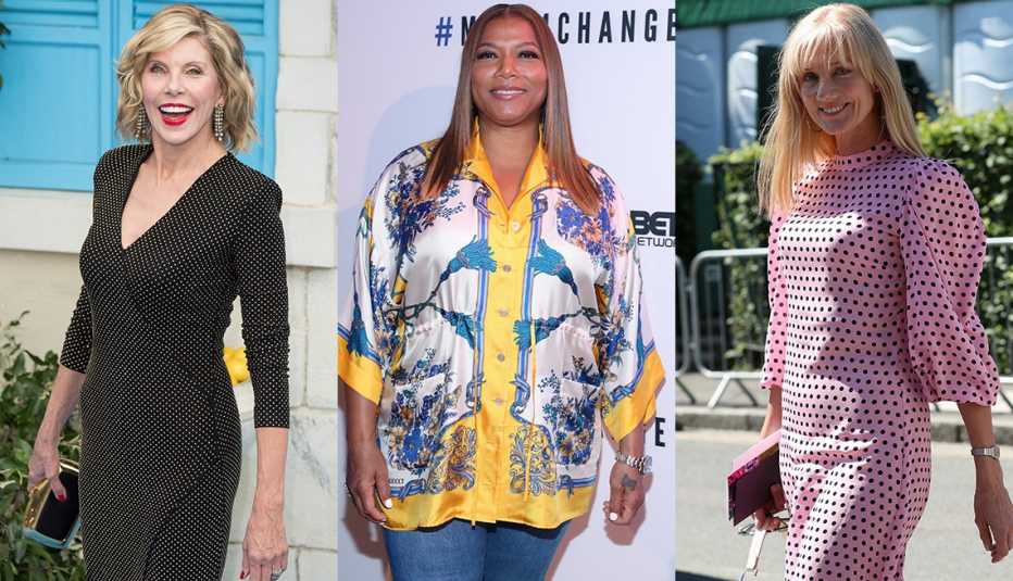 Christine Baranski in narrow three-quarter sleeve fitted jersey dress; Queen Latifah in three-quarter sleeve silk print tunic over jeans; Joely Richardson in pink dotted dress with full three-quarter sleeves