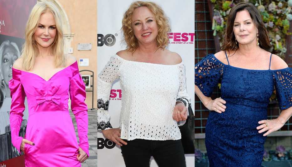 Nicole Kidman in bold pink off-shoulder dress with ruched sleeves; Virginia Madsen in off-shoulder white blouse with trumpet long sleeves; Marcia Gay Harden in off-shoulder blue eyelet dress with full elbow sleeves