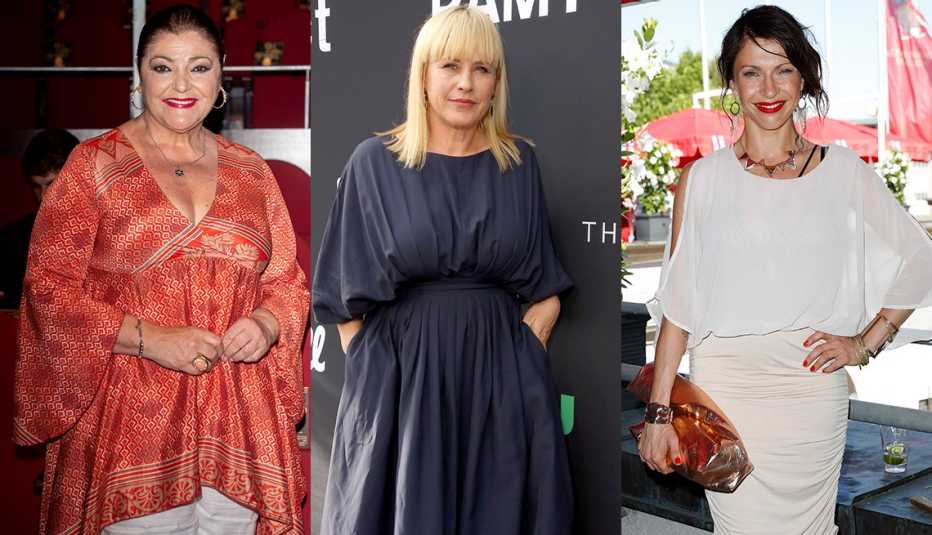 Charo Reina in dramatic bell sleeved tunic; Patricia Arquette in gray midi dress with full bishop elbow sleeves; Jana Pallaske in sheer white dolman sleeve dress