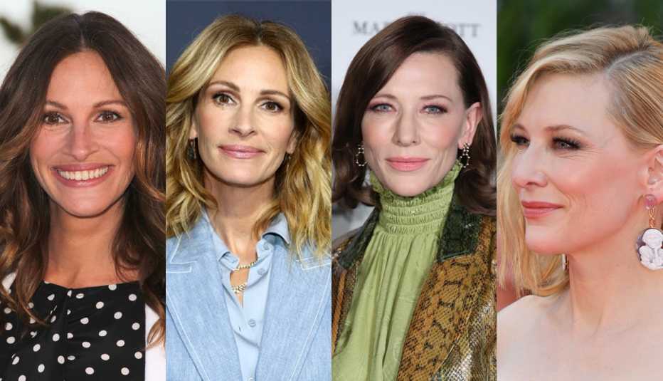 Julia Roberts brunette (2012), Julia Roberts multitonal blonde (2019),  Cate Blanchett brunette  (March 2019), Cate Blanchett blonde (August 2019)
