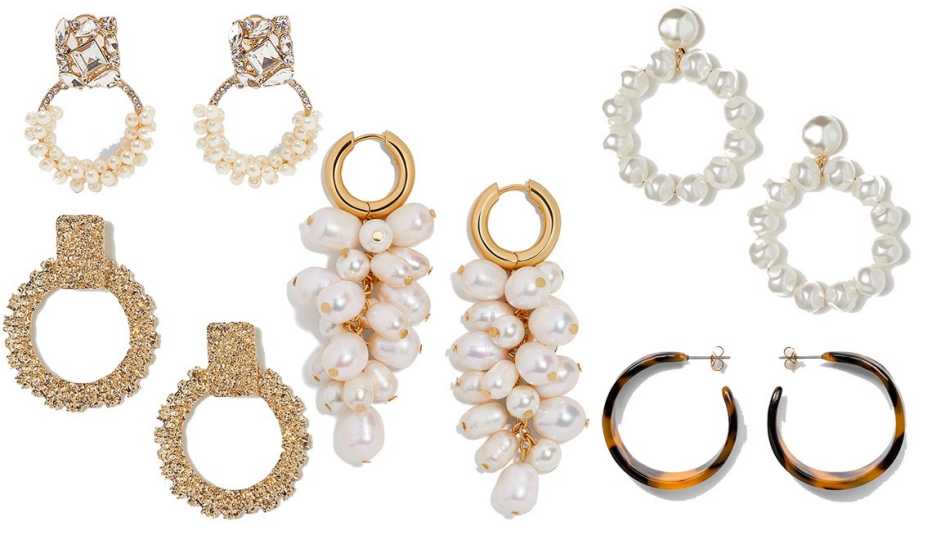 (Clockwise from bottom left): H&M Hoop Earrings, Zara Sparkly Pearl Earrings, H & M Earrings with Beads, A New Day  Wide Tortoise Hoop Earrings, Bauble Bar Atlantic Pearl Drop Earrings (center)