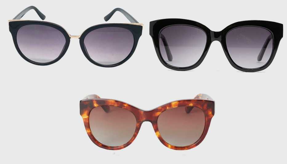 (clockwise): A New Day Women's Cat Eye Sunglasses,  Zara Plastic Glasses, H & M Polarized Sunglasses