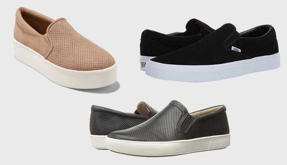 (Clockwise): Universal Thread Kensley Microsuede Platform Sneaker Slip On, Vans Classic Slip-On in Perfect Suede Black,  Naturalizer Marianne in Black Leather