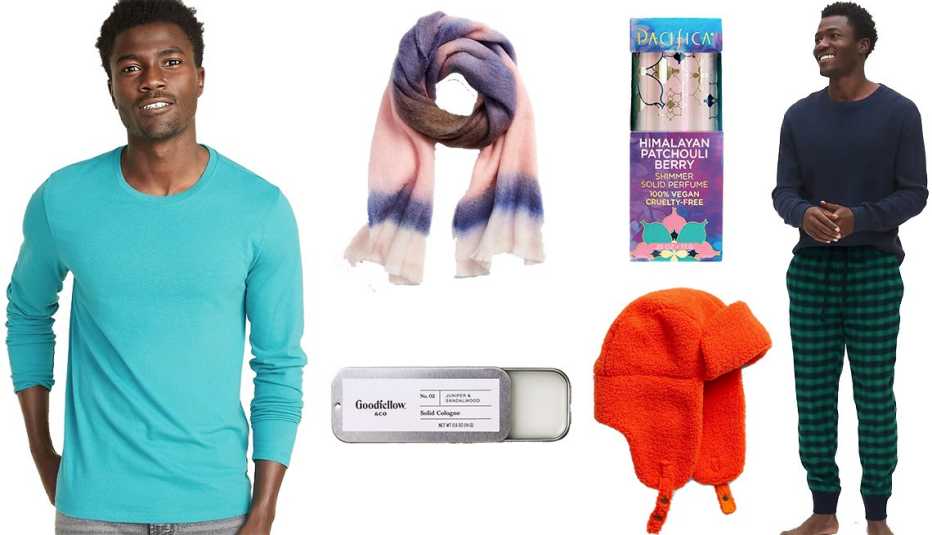 Old Navy Soft-Washed Crew-Neck Long-Sleeve, Gap Tie-Dye Brushed Scarf, Goodfellow & Co No. 2 Juniper & Sandalwood Men's Solid Cologne, Himalayan Patchouli Berry by Pacifica Shimmer Solid Perfume, Sherpa Trapper Hat, Gap Flannel Pajama Joggers 
