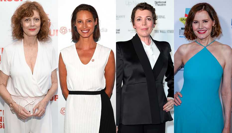 Susan Sarandon in air-dried wavy lob, white wrap top; Supermodel Christy Turlington looks radiant in natural makeup, simple lob hair; Olivia Colman in a chic short curly no-care crop; Geena Davis in a carefree choppy end lob.