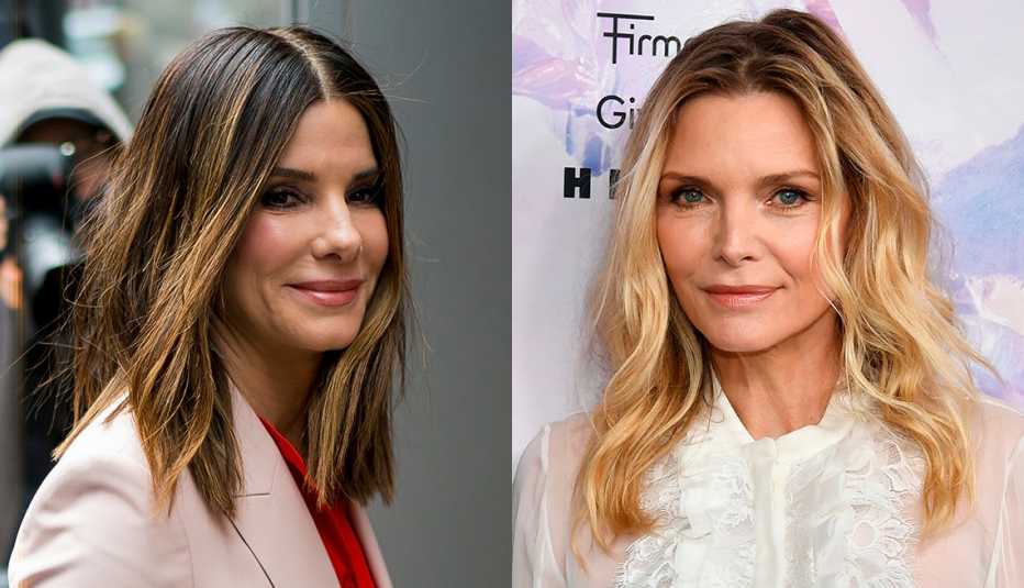 Sandra Bullock shines in balayage highlights; Michelle Pfeiffer in natural wavy hair, ombre blonde darker at roots, scrambled part, white blouse.