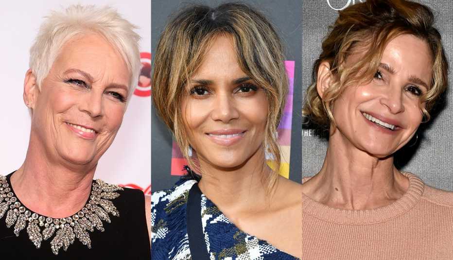 Jamie Lee Curtis in white hair that contrasts with her golden beige skin-tone; Halle Berry’s tousled hair is loosely pulled back with caramel balayage streaks; Kyra Sedgwick in casually pulled back hair- balayage honey blonde streaks.
