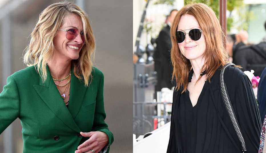 Julia Roberts in bendy tousled lob, glowing natural makeup and rose-tinted aviators; Julianne Moore, center part lob with choppy ends, sunglasses and black blouson summer dress.