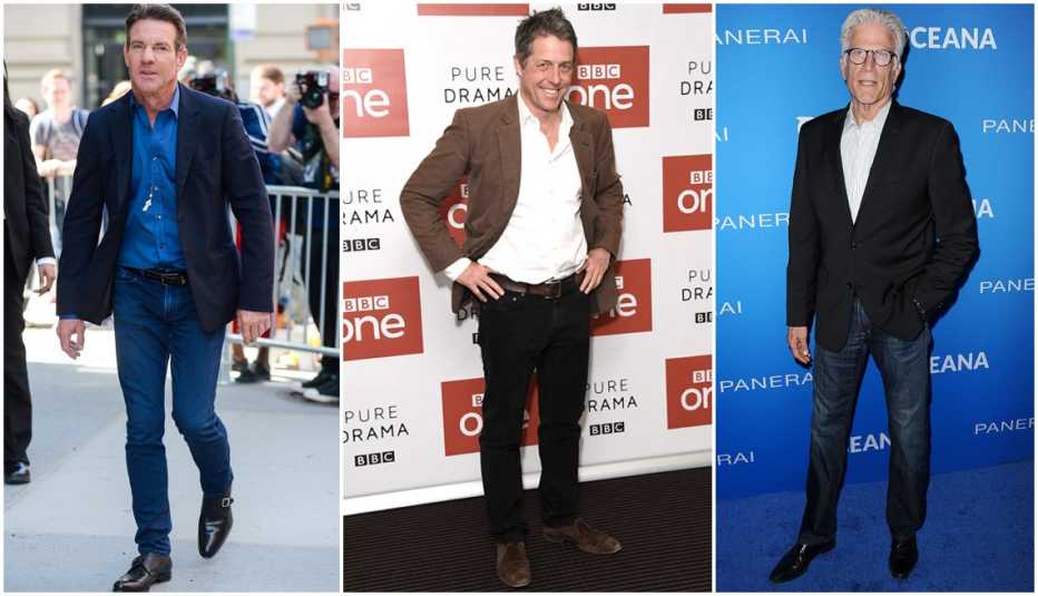 Dennis Quaid, Hugh Grant, and Ted Danson casually dressed in sportcoats and slim fitting jeans