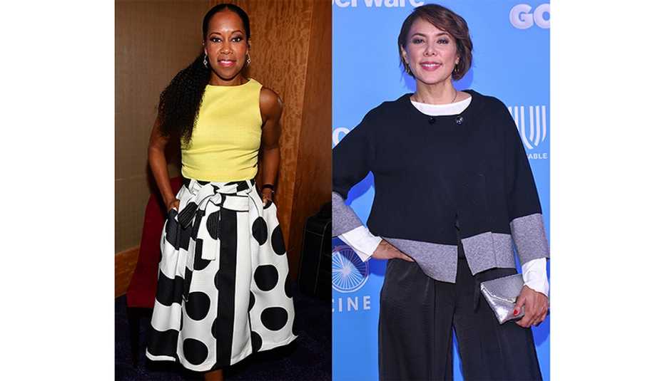 Regina King and Carmen Madrid wearing clothes that have volume below the waist