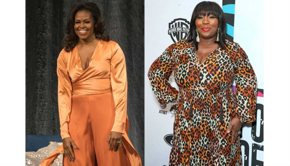 Michelle Obama in peach silk wrap blouse and wide leg apricot pants and Bevy Smith in leopard wrap dress.
